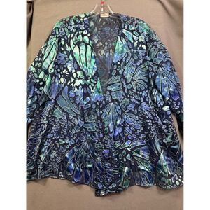 Eastman Blue Green Burnout Velvet Sheer Mesh Open Front Cardigan Jacket Women's